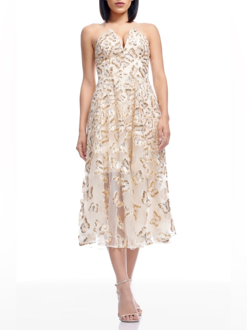 DRESS THE POPULATION•Sequin gold butterfly tulle strapless dress - Picture 6 of 7